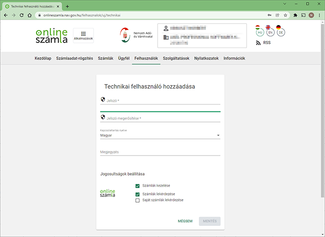 NAV Új technikai felhasználó képernyő